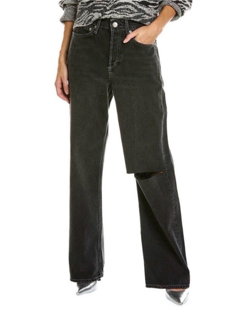 Rag & Bone Logan Jeans Size 25 Fillmore Black Mid Rise Wide Leg Distressed
